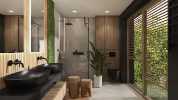 Nowoczesna łazienka z drewnianymi detalami, czarnymi umywalkami i roślinnością, styl industrialny.