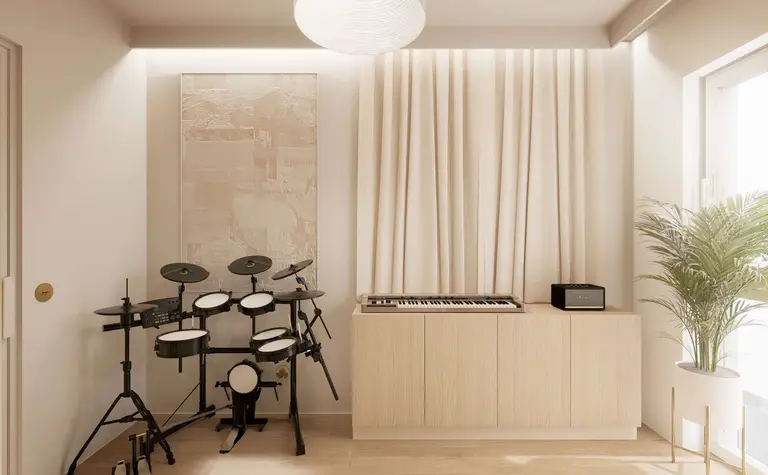 Wnętrze pokoju muzycznego w stylu japandi, minimalistycznym, nowoczesnym, quiet luxury.