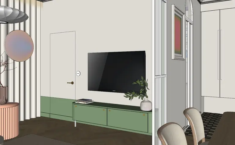 Eklektyczne wnętrze salonu z zielonymi meblami i minimalistycznymi detalami.