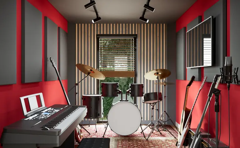 Studio muzyczne w stylu eklektycznym z czerwonymi ścianami, fortepianem i perkusją.