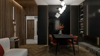 Wnętrze jadalni w stylu eklektycznym z nowoczesnymi akcentami quiet luxury i współczesnymi detalami.