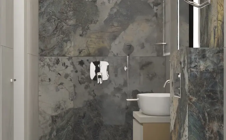 Nowoczesna łazienka w stylu dopamine decor i minimalistycznym z szarymi płytkami.