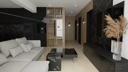 Wnętrze salonu z minimalistycznym designem, czarnymi meblami i jasną podłogą.