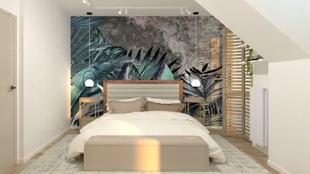 Wnętrze sypialni w stylu boho z drewnianym łóżkiem i roślinnymi dekoracjami.