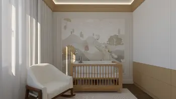 Pokój dziecięcy w stylu eklektycznym z nowoczesnym łóżeczkiem i quiet luxury dodatkami.