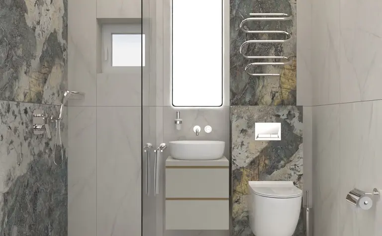 Nowoczesna łazienka z elementami dopamine decor, industrialnym i minimalistycznym.