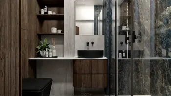Wnętrze łazienki w stylu eklektycznym z nowoczesnymi elementami i quiet luxury.