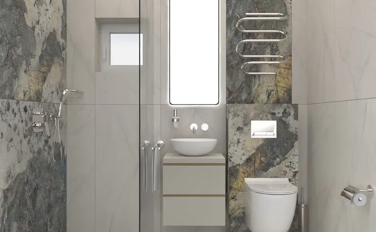 Nowoczesna łazienka z marmurowymi ścianami, prysznicem i minimalistycznym designem. Dopamine decor, industrialny, minimalizm.