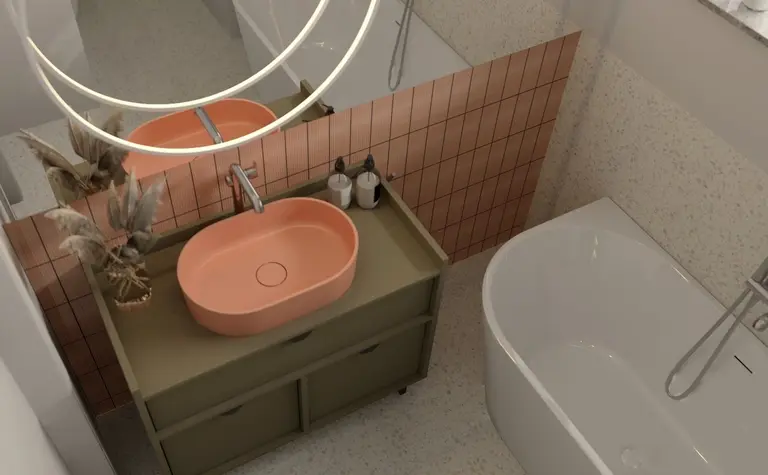 Nowoczesna łazienka z różową umywalką i drewnianymi detalami, styl vintage i współczesny.