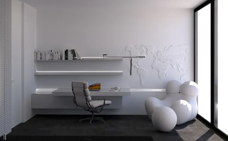 Wnętrze gabinetu w stylu minimalistycznym z nowoczesnym biurkiem i designerskim fotelem.