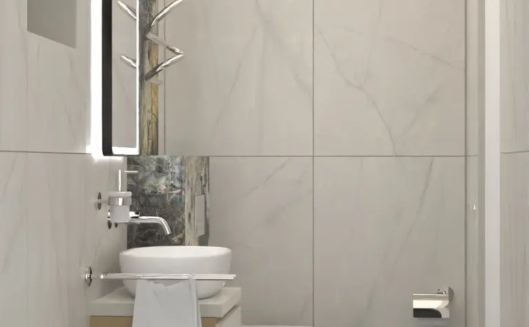 Wnętrze łazienki z białymi płytkami i minimalistycznym wystrojem, dopamine decor, industrialny, soft minimalizm
