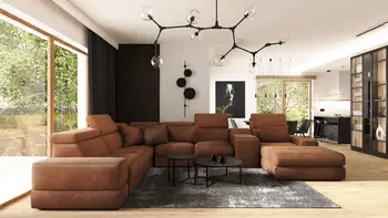 Wnętrze salonu z brązową sofą, industrialnymi i nowoczesnymi detalami.