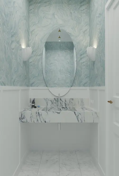 Nowoczesna łazienka z marmurową umywalką i niebieską tapetą w stylu art deco, minimaluxe, quiet luxury.