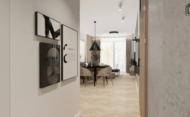 Wnętrze jadalni w stylu industrialnym i minimalistycznym z okrągłym stołem