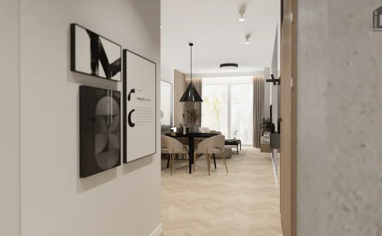 Wnętrze jadalni w stylu industrialnym i minimalistycznym z okrągłym stołem
