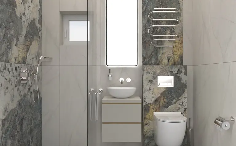 Nowoczesna łazienka z szarym marmurem, minimalistycznymi meblami i akcesoriami. Dopamine decor, industrialny, soft minimalizm.