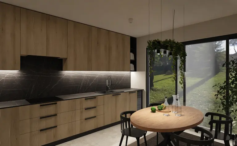 Nowoczesna kuchnia z drewnianymi meblami i czarnym blatem, współczesny design.