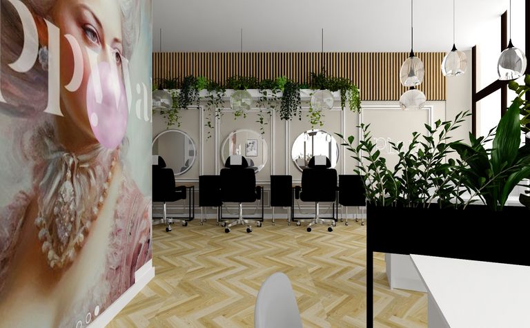 Salon fryzjerski z roślinami oraz nowoczesnymi lustrami.