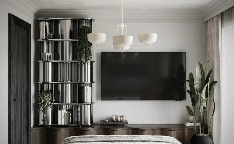 Wnętrze z półką vintage, telewizorem i roślinami.