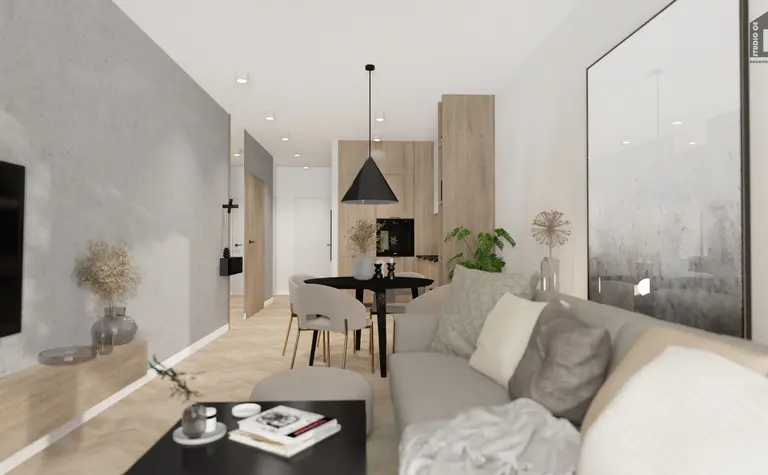 Wnętrze salonu w stylu industrialnym i minimalistycznym z drewnem i nowoczesnymi detalami.