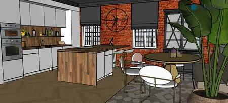 Wnętrze kuchni z drewnianym blatem i ceglanym tłem, styl industrialny i boho.