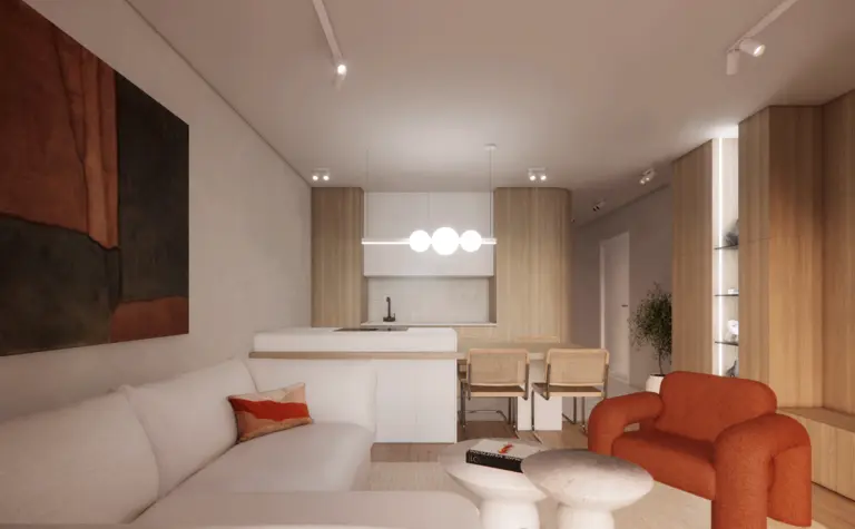 Wnętrze salonu z minimalistycznym designem, soft minimalizm i quiet luxury.