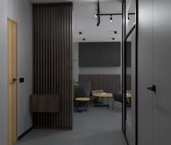 Wnętrze biura w stylu industrialnym i minimalistycznym z drewnianymi elementami.