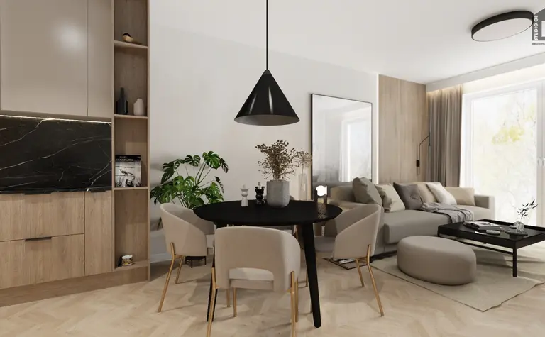 Wnętrze salonu w stylu industrialnym i minimalistycznym z beżowymi meblami.