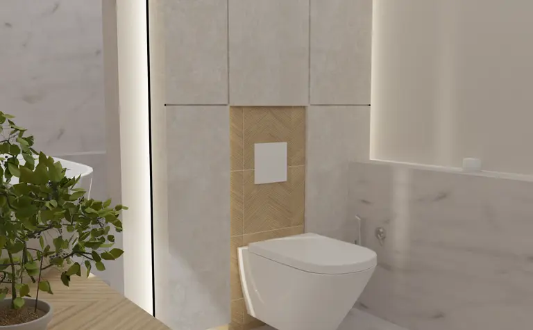 Nowoczesna łazienka w stylu boho z jasnymi płytkami, drewnianymi detalami i rośliną.