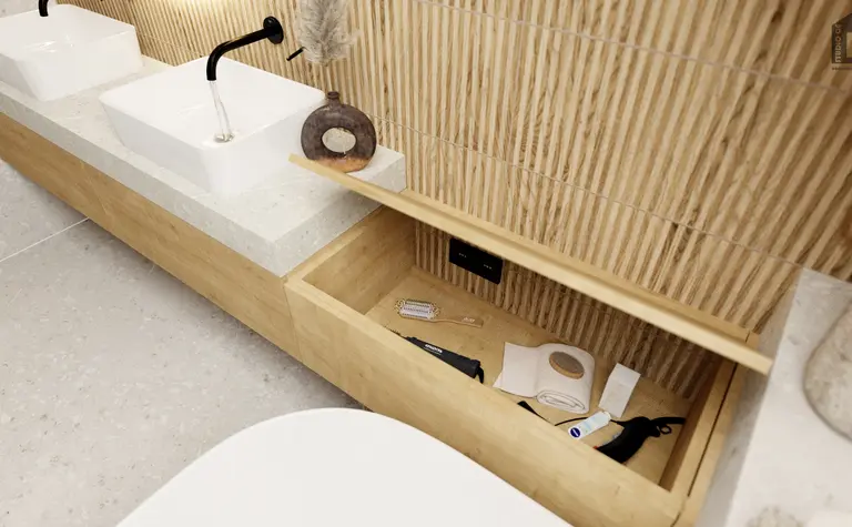 Minimalistyczna łazienka z dwiema umywalkami i drewnianymi detalami.