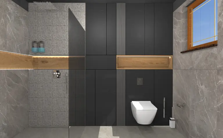 Wnętrze łazienki z szarymi kaflami, drewnianymi detalami, styl dopamine decor, minimalistyczny, industrialny, skandynawski.
