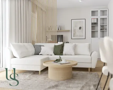 Wnętrze minimalistycznego salonu z białą sofą i drewnianym stolikiem, nowoczesny design.