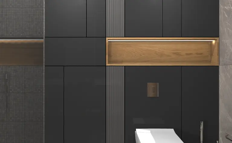Nowoczesna łazienka z ciemnymi elementami i drewnem, styl dopamine decor, industrialny, minimalistyczny, skandynawski, współczesny.