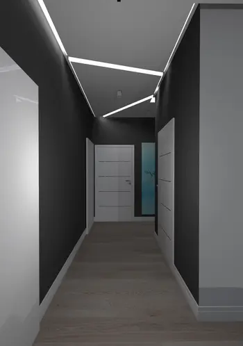 Korytarz w stylu japandi z minimalistycznym oświetleniem i drewnianą podłogą.