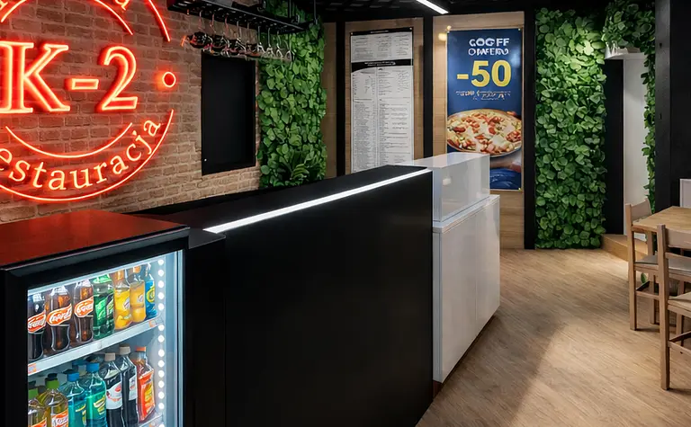 Wnętrze pizzerii z czarnymi meblami, drewnianą podłogą i roślinnością, styl industrialny, nowoczesny, współczesny