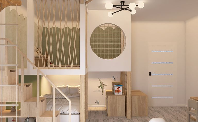 Wnętrze pokoju dla dzieci w stylu boho i współczesnym z drewnianymi akcentami.