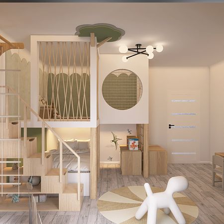 Wnętrze pokoju dla dzieci w stylu boho i współczesnym z drewnianymi akcentami.