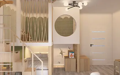 Wnętrze pokoju dla dzieci w stylu boho i współczesnym z drewnianymi akcentami.