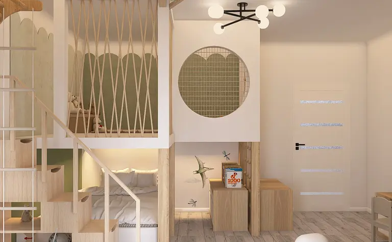 Wnętrze pokoju dla dzieci w stylu boho i współczesnym z drewnianymi akcentami.