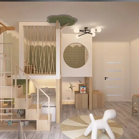 Wnętrze pokoju dla dzieci w stylu boho i współczesnym z drewnianymi akcentami.