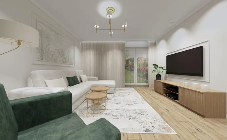 Wnętrze salonu z zielonymi meblami, telewizorem i rośliną.