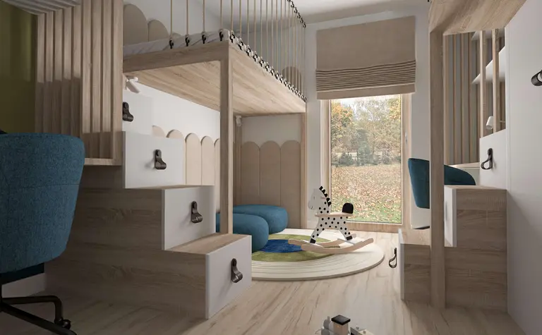 Wnętrze pokoju dla dzieci z drewnianymi meblami, niebieskimi akcentami i elementami dopamine decor.