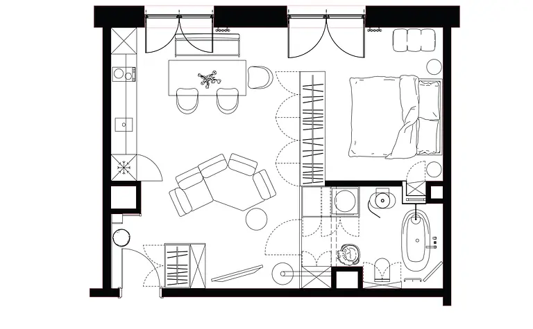 Wnętrze mieszkania z eklektycznym i minimalistycznym stylem, zawiera salon i sypialnię.