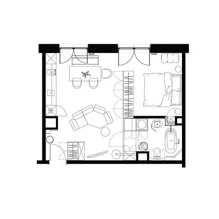 Wnętrze mieszkania z eklektycznym i minimalistycznym stylem, zawiera salon i sypialnię.