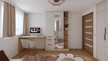 Wnętrze pokoju z biurkiem, szafą i oknem, minimalistyczne i współczesne.