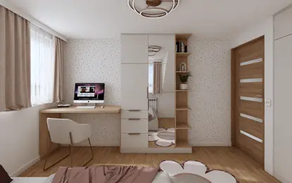 Wnętrze pokoju z biurkiem, szafą i oknem, minimalistyczne i współczesne.