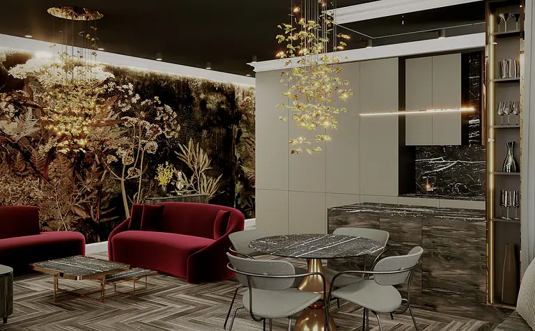 Wnętrze salonu w stylu art deco z nowoczesnymi meblami i oświetleniem.