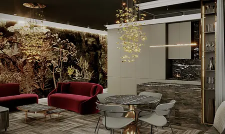 Wnętrze salonu w stylu art deco z nowoczesnymi meblami i oświetleniem.
