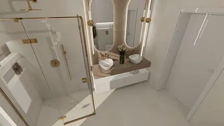 Nowoczesna łazienka z białymi umywalkami, złotymi detalami i minimalistycznym wystrojem.