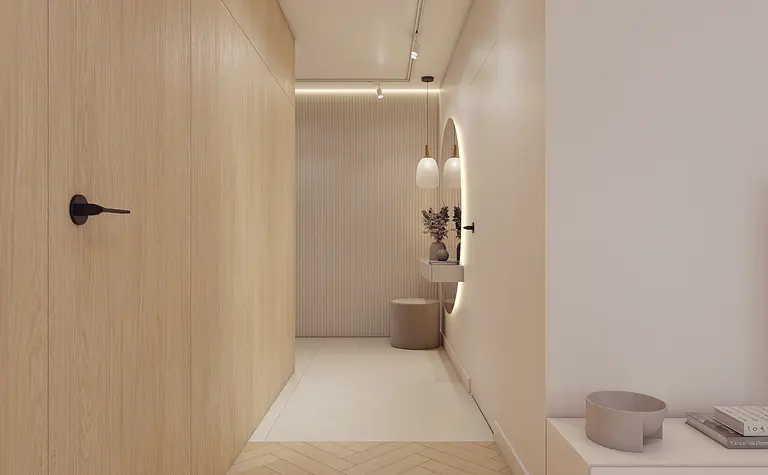 Przedpokój z minimalistycznym designem, nowoczesnymi lampami i drewnianymi elementami.